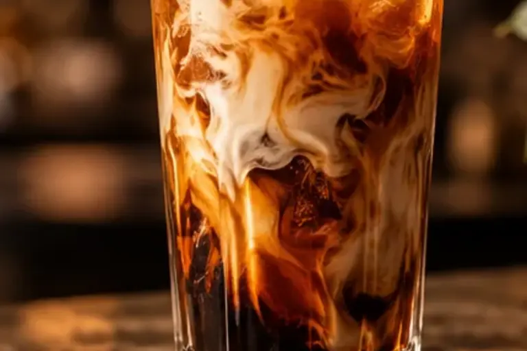 Café frío con hielo y leche mezclándose en un vaso de cristal