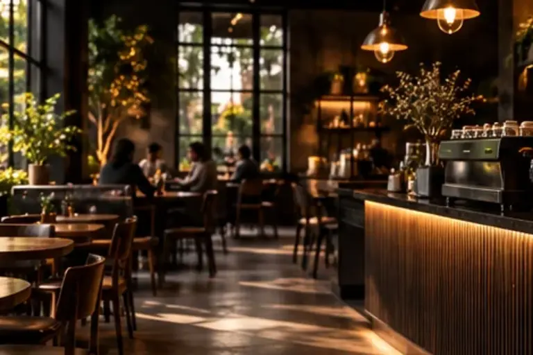 Rincón acogedor de una cafetería de especialidad con iluminación cálida y barra artesanal