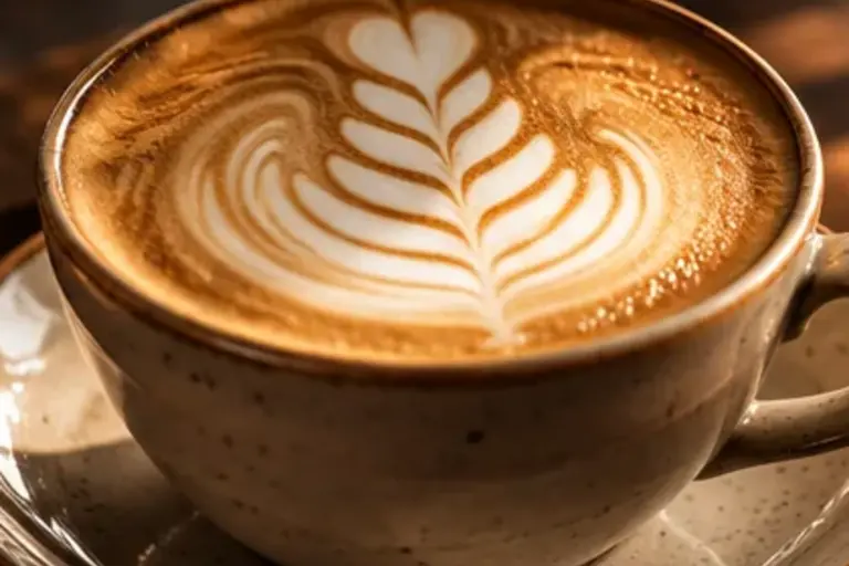 Capuccino artesanal con dibujo de leche en una taza de cerámica